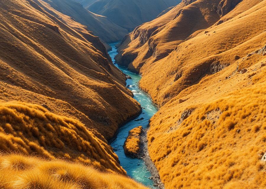 Remote backcountry river gorge in golden autumn tussock