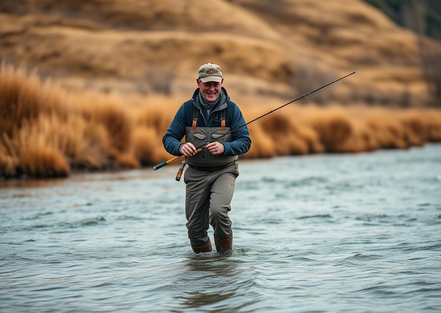 Angler wading a clear cold river with a fly rod