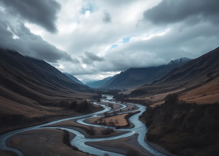 Braided river valley under changing alpine weather
