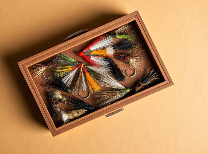 Open wooden fly box filled with hand-tied trout flies