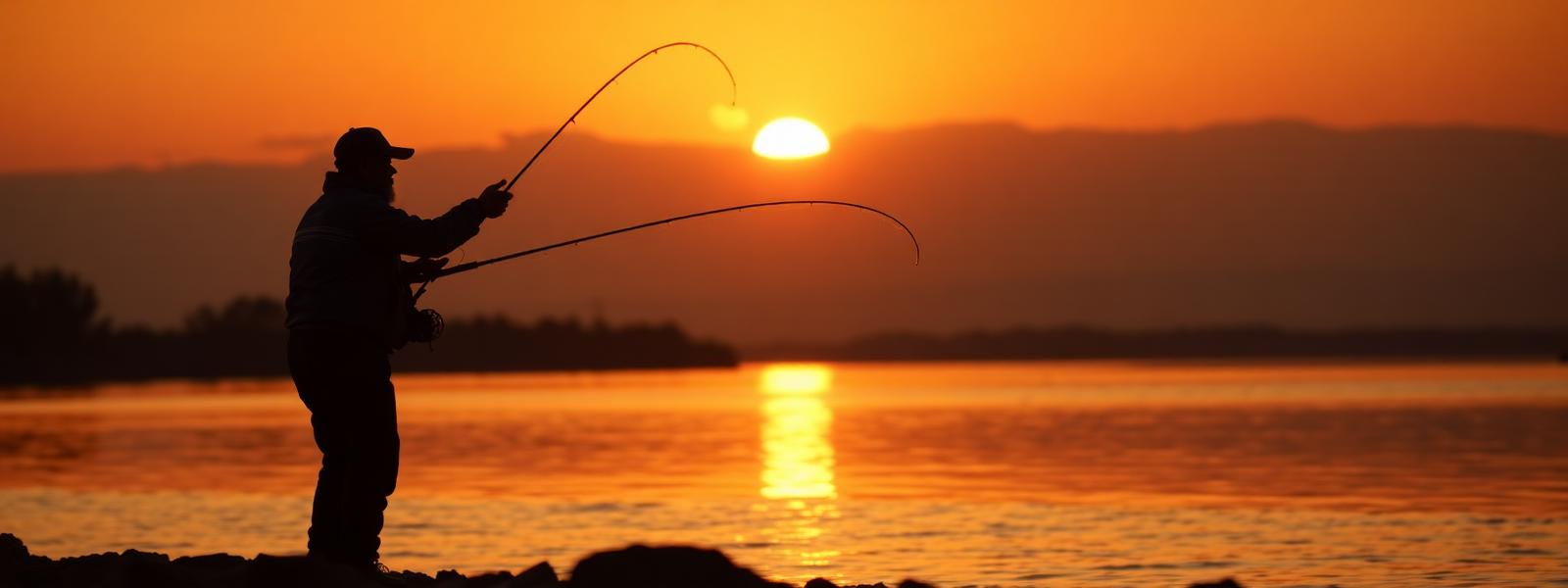Angler casting into a river at sunset