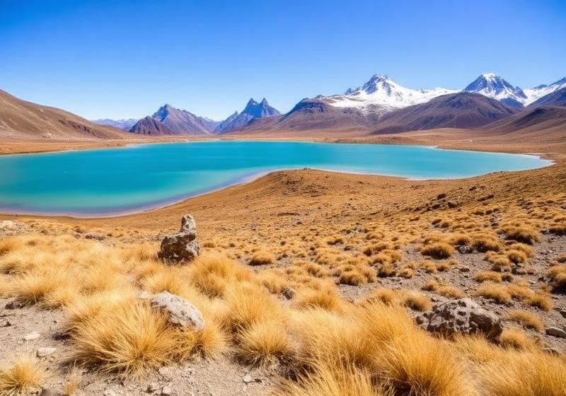 Alpine lake basin with turquoise water and golden tussock