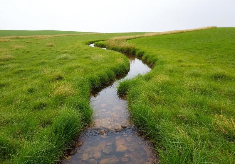 Clear spring creek winding through green meadow